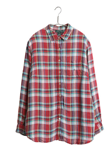 90s ローレン ラルフローレン チェック 長袖 シャツ レディース XL オールド 100% リネン 高級 麻 ロールアップ 大きいサイズ マルチカラー