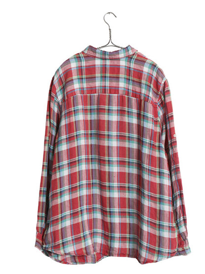 90s ローレン ラルフローレン チェック 長袖 シャツ レディース XL オールド 100% リネン 高級 麻 ロールアップ 大きいサイズ マルチカラー