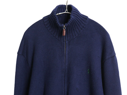 00s ポロ ラルフローレン フルジップ コットン ニット セーター メンズ XL 程 オールド リブ編み ハイネック ジャケット 大きいサイズ 無地
