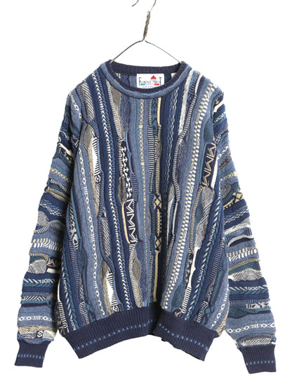 90s FLORENCE TRICOT 3D 立体編み デザイン ニット セーター メンズ XL 古着 オールド コットン アクリル 総柄 マルチカラー 大きいサイズ