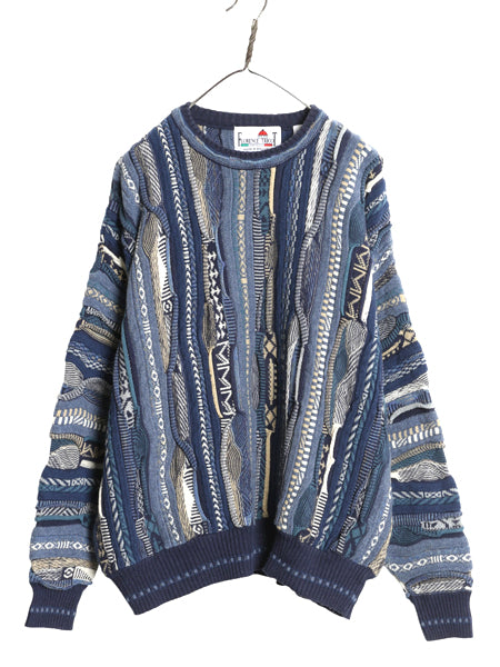90s FLORENCE TRICOT 3D 立体編み デザイン ニット セーター メンズ XL 古着 オールド コットン アクリル 総柄 マルチカラー 大きいサイズ