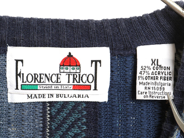 90s FLORENCE TRICOT 3D 立体編み デザイン ニット セーター メンズ XL 古着 オールド コットン アクリル 総柄 マルチカラー 大きいサイズ