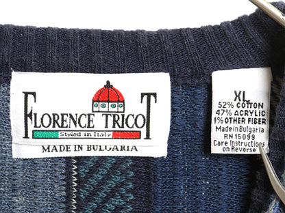 90s FLORENCE TRICOT 3D 立体編み デザイン ニット セーター メンズ XL 古着 オールド コットン アクリル 総柄 マルチカラー 大きいサイズ