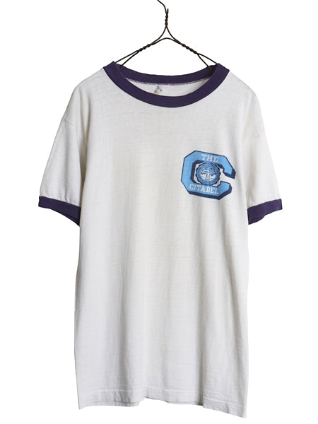 60s ランタグ ★ チャンピオン 染込み カレッジ プリント リンガー Tシャツ メンズ M 小さめ S 程/ ヴィンテージ USA製 100% コットン 白