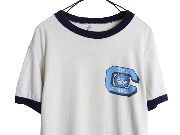 60s ランタグ ★ チャンピオン 染込み カレッジ プリント リンガー Tシャツ メンズ M 小さめ S 程/ ヴィンテージ USA製 100% コットン 白