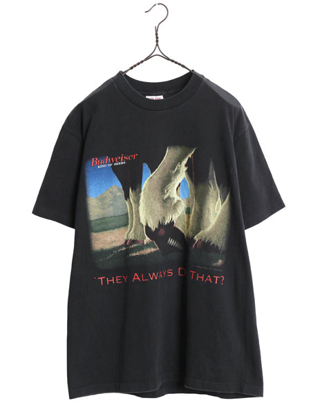 90s USA製 ★ バドワイザー アメフト イラスト プリント Tシャツ メンズ L 古着 オールド ビール 当時物 企業物 アニマル キャラクター 黒