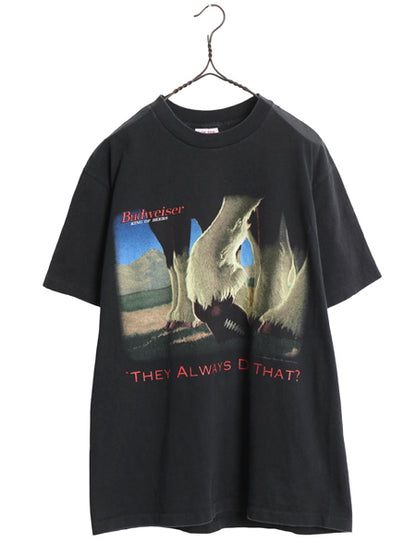 90s USA製 ★ バドワイザー アメフト イラスト プリント Tシャツ メンズ L 古着 オールド ビール 当時物 企業物 アニマル キャラクター 黒