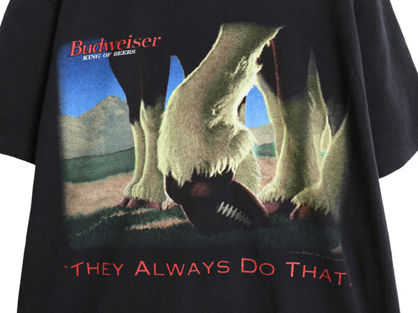 90s USA製 ★ バドワイザー アメフト イラスト プリント Tシャツ メンズ L 古着 オールド ビール 当時物 企業物 アニマル キャラクター 黒