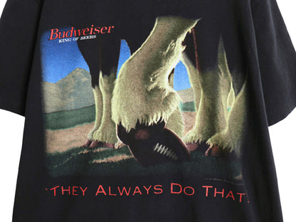 90s USA製 ★ バドワイザー アメフト イラスト プリント Tシャツ メンズ L 古着 オールド ビール 当時物 企業物 アニマル キャラクター 黒