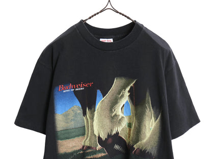 90s USA製 ★ バドワイザー アメフト イラスト プリント Tシャツ メンズ L 古着 オールド ビール 当時物 企業物 アニマル キャラクター 黒