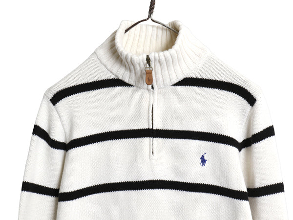 00s ポロ ラルフローレン ハーフジップ コットン ニット セーター キッズ XL レディース S オールド ハイネック ボーダー リブ編み ポニー