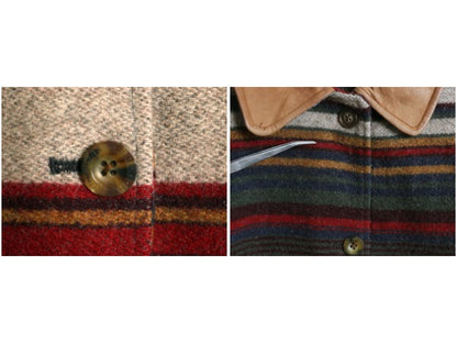 90s USA製 ウールリッチ ウール ラグ ジャケット レディース L / オールド ネイティブ マルチカラー ボーダー カバーオール 襟 本革 レザー