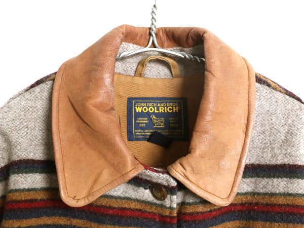 90s USA製 ウールリッチ ウール ラグ ジャケット レディース L / オールド ネイティブ マルチカラー ボーダー カバーオール 襟 本革 レザー