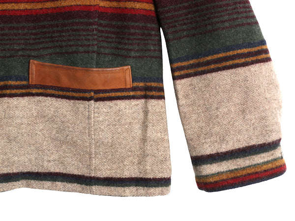 90s USA製 ウールリッチ ウール ラグ ジャケット レディース L / オールド ネイティブ マルチカラー ボーダー カバーオール 襟 本革 レザー