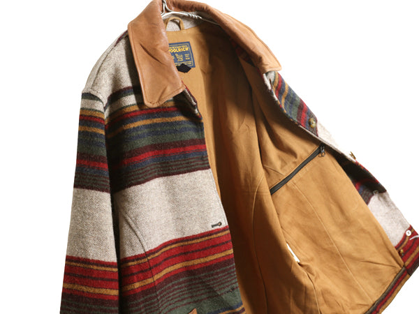 90s USA製 ウールリッチ ウール ラグ ジャケット レディース L / オールド ネイティブ マルチカラー ボーダー カバーオール 襟 本革 レザー