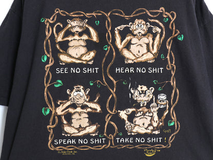90s USA製 モンキー ジョーク メッセージ プリント 半袖 Tシャツ メンズ XL オールド アニマル サル アート イラスト シングルステッチ 黒