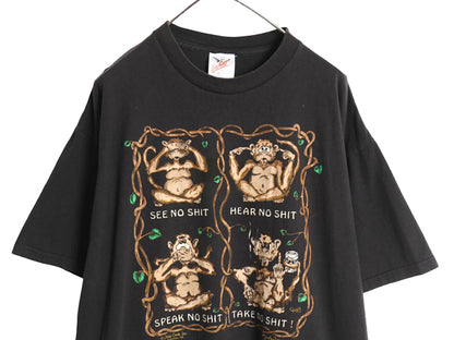 90s USA製 モンキー ジョーク メッセージ プリント 半袖 Tシャツ メンズ XL オールド アニマル サル アート イラスト シングルステッチ 黒