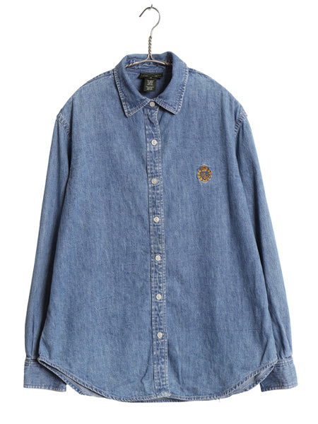 90s ラルフローレン ジーンズ 長袖 デニム シャツ レディース M / オールド ポロ コットン 長袖シャツ カジュアル ワンポイント ゆったり
