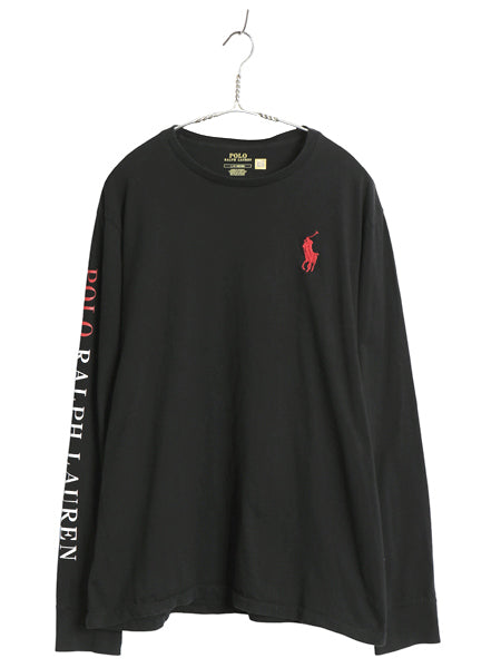 ミドルポニー ポロ ラルフローレン 長袖 Tシャツ メンズ L ロンT ロングスリーブ 袖プリント ワンポイント カットソー シングルステッチ 黒