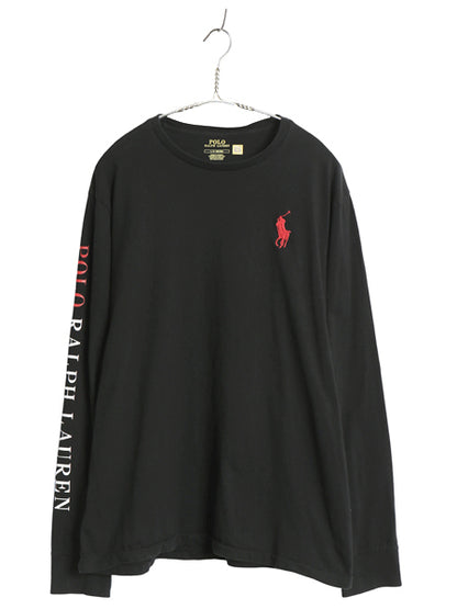 ミドルポニー ポロ ラルフローレン 長袖 Tシャツ メンズ L ロンT ロングスリーブ 袖プリント ワンポイント カットソー シングルステッチ 黒
