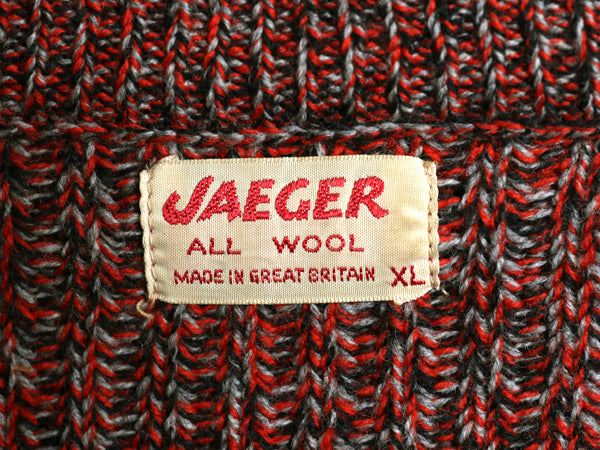 60s 70s イギリス製 ★ JAEGER ウール ニット セーター メンズ XL 程 古着 ヴィンテージ Vネック リブ編み チャンキー ラグラン 無地 赤 黒