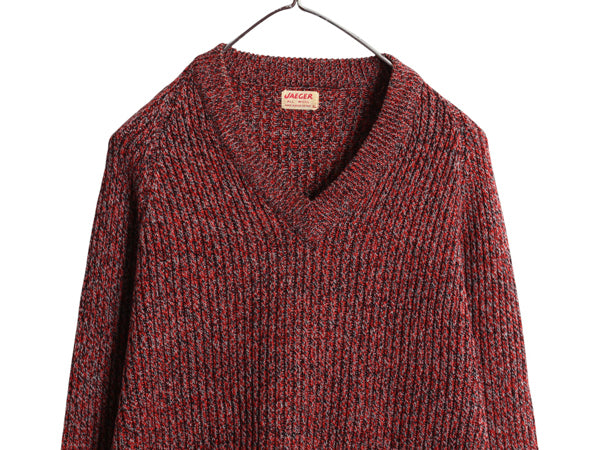 60s 70s イギリス製 ★ JAEGER ウール ニット セーター メンズ XL 程 古着 ヴィンテージ Vネック リブ編み チャンキー ラグラン 無地 赤 黒