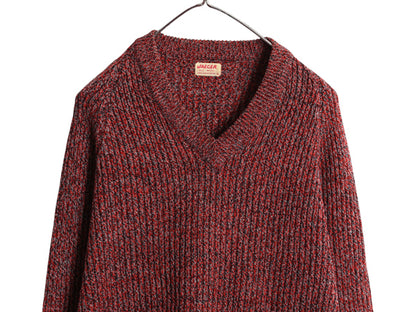 60s 70s イギリス製 ★ JAEGER ウール ニット セーター メンズ XL 程 古着 ヴィンテージ Vネック リブ編み チャンキー ラグラン 無地 赤 黒
