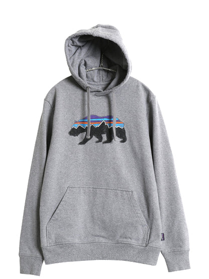 パタゴニア プリント スウェット フード パーカー メンズ S 18年製 トレーナー プルオーバー ストレッチ 裏起毛 フィッツロイ ベア グレー