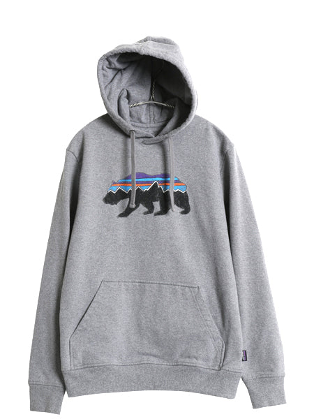 パタゴニア プリント スウェット フード パーカー メンズ S 18年製 トレーナー プルオーバー ストレッチ 裏起毛 フィッツロイ ベア グレー