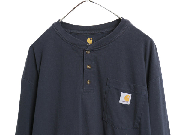 US企画 カーハート ヘンリーネック ポケット付き 長袖 Tシャツ メンズ XL ロンT ポケT ワンポイント ヘビーウェイト 大きいサイズ ネイビー