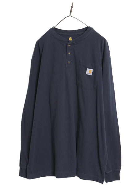 US企画 カーハート ヘンリーネック ポケット付き 長袖 Tシャツ メンズ XL ロンT ポケT ワンポイント ヘビーウェイト 大きいサイズ ネイビー