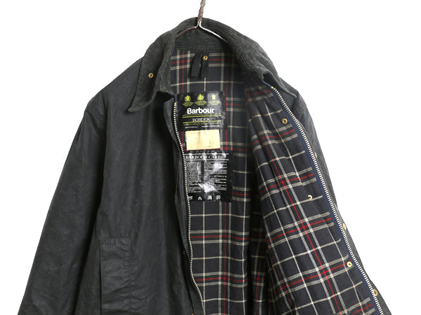90s イギリス製 ★ バブアー ボーダー オイルド ジャケット メンズ S 古着 オールド 3ワラント ハーフ コート ハンティング アウトドア 紺