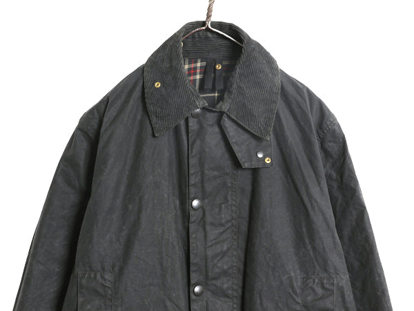 90s イギリス製 ★ バブアー ボーダー オイルド ジャケット メンズ S 古着 オールド 3ワラント ハーフ コート ハンティング アウトドア 紺