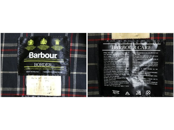 90s イギリス製 ★ バブアー ボーダー オイルド ジャケット メンズ S 古着 オールド 3ワラント ハーフ コート ハンティング アウトドア 紺