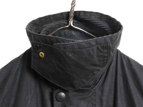 90s イギリス製 ★ バブアー ボーダー オイルド ジャケット メンズ S 古着 オールド 3ワラント ハーフ コート ハンティング アウトドア 紺