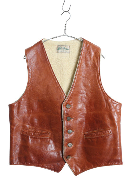 70s 筆記体タグ ★ エルエルビーン 本革 レザー ベスト メンズ L 程/ ヴィンテージ カウハイド 裏 ボア パイル フリース 前開き 重ね着 茶