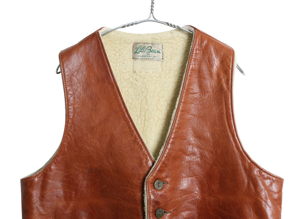 70s 筆記体タグ ★ エルエルビーン 本革 レザー ベスト メンズ L 程/ ヴィンテージ カウハイド 裏 ボア パイル フリース 前開き 重ね着 茶