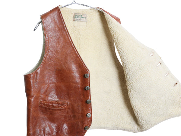 70s 筆記体タグ ★ エルエルビーン 本革 レザー ベスト メンズ L 程/ ヴィンテージ カウハイド 裏 ボア パイル フリース 前開き 重ね着 茶