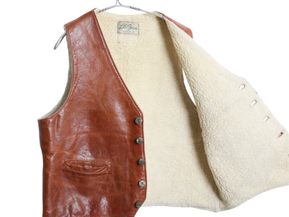 70s 筆記体タグ ★ エルエルビーン 本革 レザー ベスト メンズ L 程/ ヴィンテージ カウハイド 裏 ボア パイル フリース 前開き 重ね着 茶
