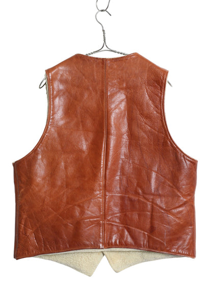 70s 筆記体タグ ★ エルエルビーン 本革 レザー ベスト メンズ L 程/ ヴィンテージ カウハイド 裏 ボア パイル フリース 前開き 重ね着 茶