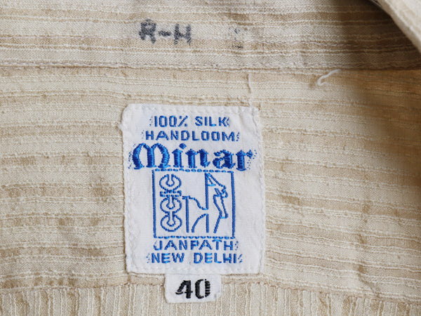 70s インド製 ★ Minar 100％ シルク 織柄 半袖 シャツ メンズ M 程 / 古着 ヴィンテージ 手織り ポケット付き 薄手 ストライプ ナチュラル