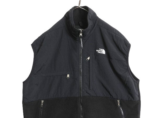 90s USA製 ノースフェイス デナリ ベスト メンズ XL オールド 前開き 重ね着 フルジップ フリース ナイロン ワンポイント 黒 大きいサイズ