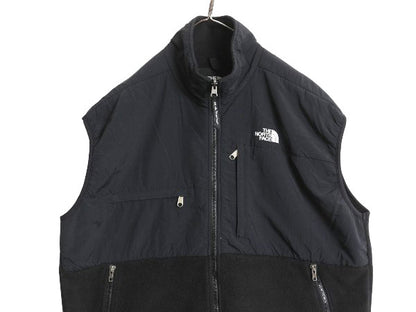 90s USA製 ノースフェイス デナリ ベスト メンズ XL オールド 前開き 重ね着 フルジップ フリース ナイロン ワンポイント 黒 大きいサイズ