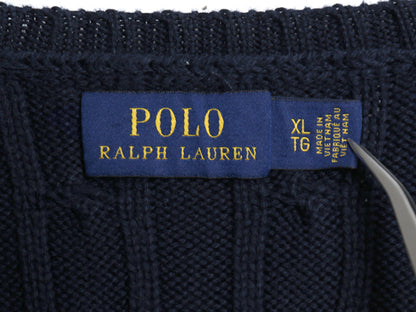 ポロ ラルフローレン コットン ケーブル ニット セーター レディース XL Vネック 長袖ニット ワンポイント ポニー 刺繍 大きいサイズ 紺