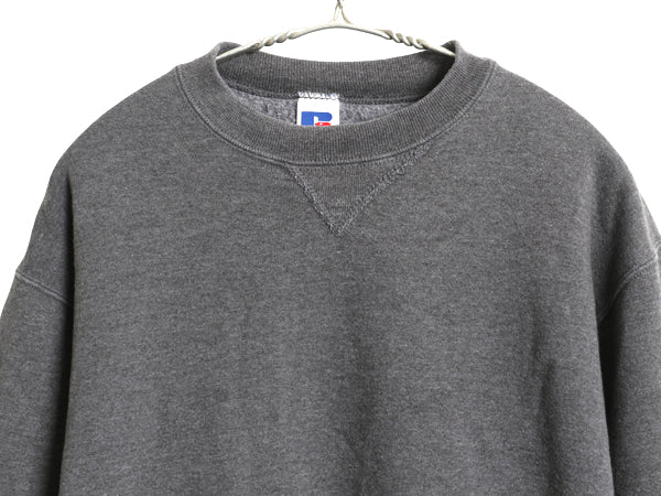 90s USA製 ラッセル 無地 スウェット メンズ レディース М 古着 オールド トレーナー 前V 裏起毛 ワンポイント ブランク シンプル グレー
