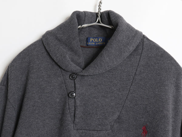 ポロ ラルフローレン ショールカラー スウェット メンズ L / 古着 コットン ニット ストレッチ リブ編み ワンポイント ポニー 刺繍 グレー