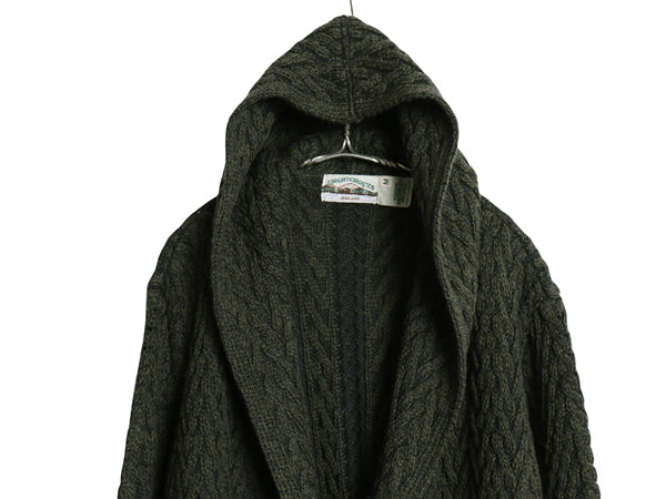 90s アイルランド製 aran crafts フード付き ケーブル ニット ロング カーディガン メンズ M オールド ジャケット メリノ ウール セーター
