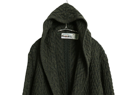 90s アイルランド製 aran crafts フード付き ケーブル ニット ロング カーディガン メンズ M オールド ジャケット メリノ ウール セーター