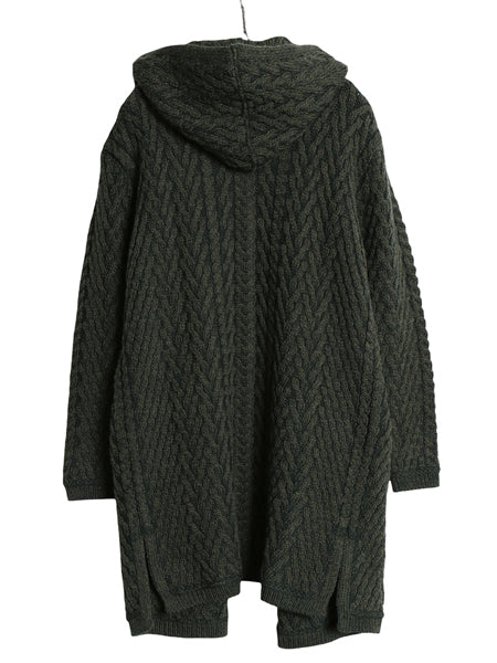 90s アイルランド製 aran crafts フード付き ケーブル ニット ロング カーディガン メンズ M オールド ジャケット メリノ ウール セーター