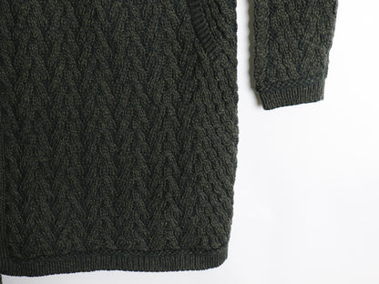 90s アイルランド製 aran crafts フード付き ケーブル ニット ロング カーディガン メンズ M オールド ジャケット メリノ ウール セーター